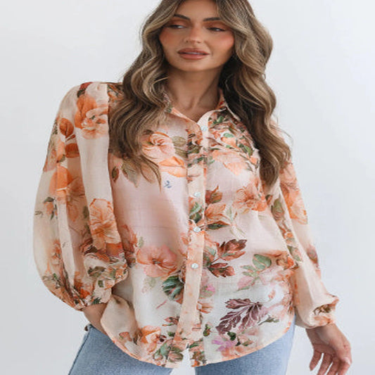 Brown Floral Puff Sleeve Lightweight Shirt