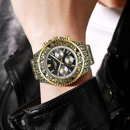 Vintage Engraving Quartz Multi-function Men's Watch