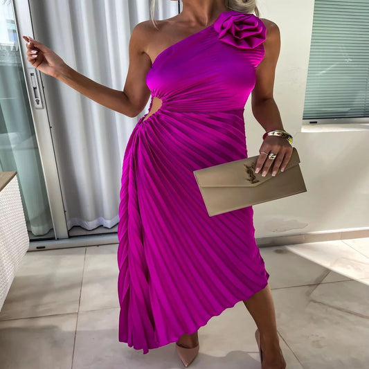 Ins Pleated One-shoulder Dress With Big Rose Flower Fashionable Sexy Evening Party Club Asymmetrical Dress