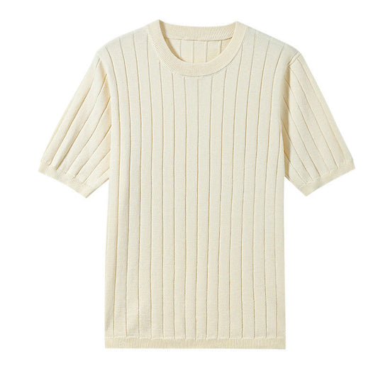 Round Neck Cotton Knitted Short Sleeve Vertical Stripe Elegant Top