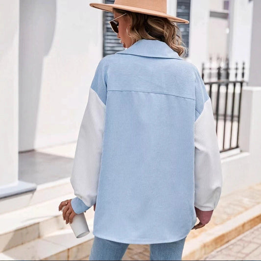 Color Matching Rope Shirt Color Matching Patch Pocket Drop Shoulder Corduroy Coat