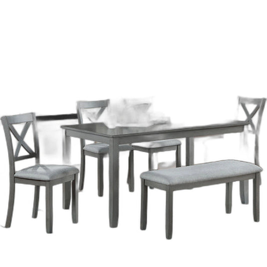 6 Piece Kitchen Dining Set, Rectangular Wooden Dining Table With 4 Upholstered Chairs And A Bench, Dining Table Set For 6 People, Living Room, Home Bar And Kitchen, Gray