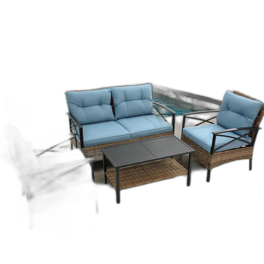 4-Piece Patio Sectional Low Dining Sofa Set - KD Rattan Wicker Outdoor Furniture
