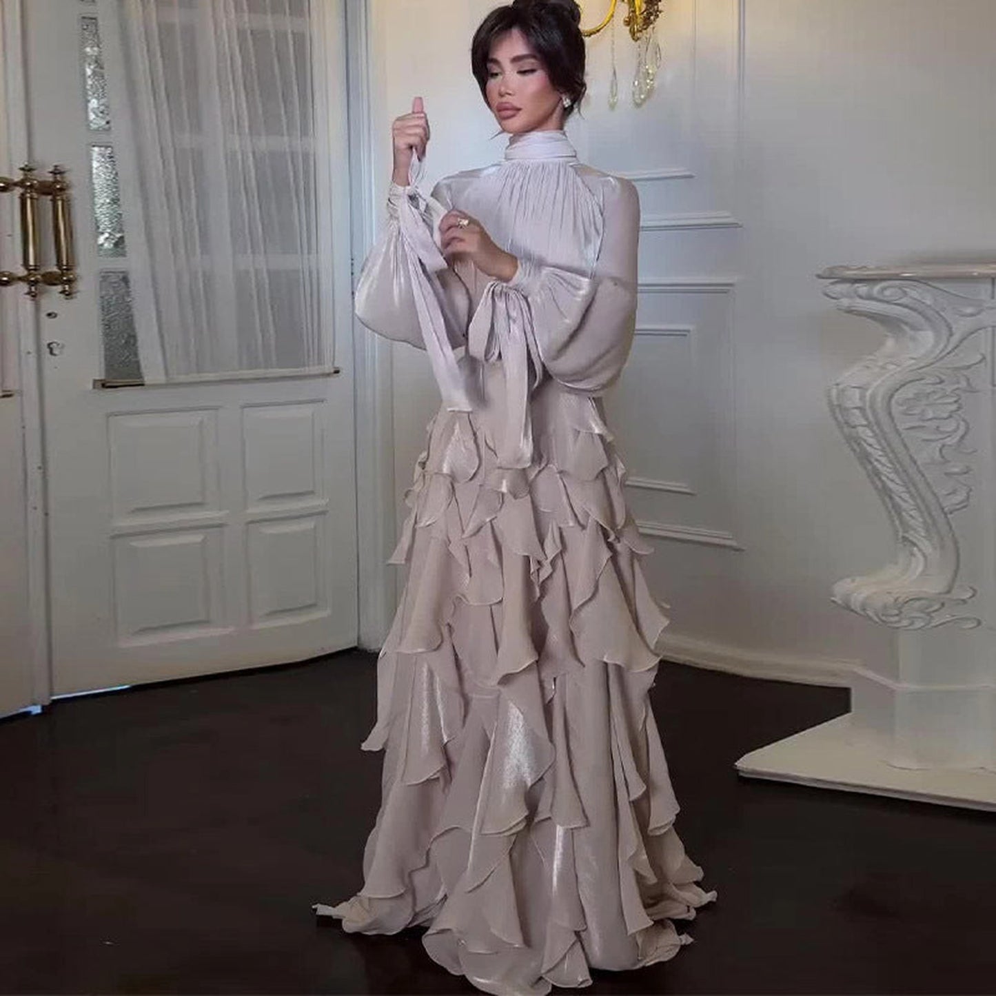 Elegant Pleated Ruffled Slim Fit Dress