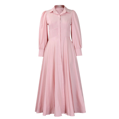 Women's Elegant Long Sleeve Big Hem Shirt Solid Color Dress