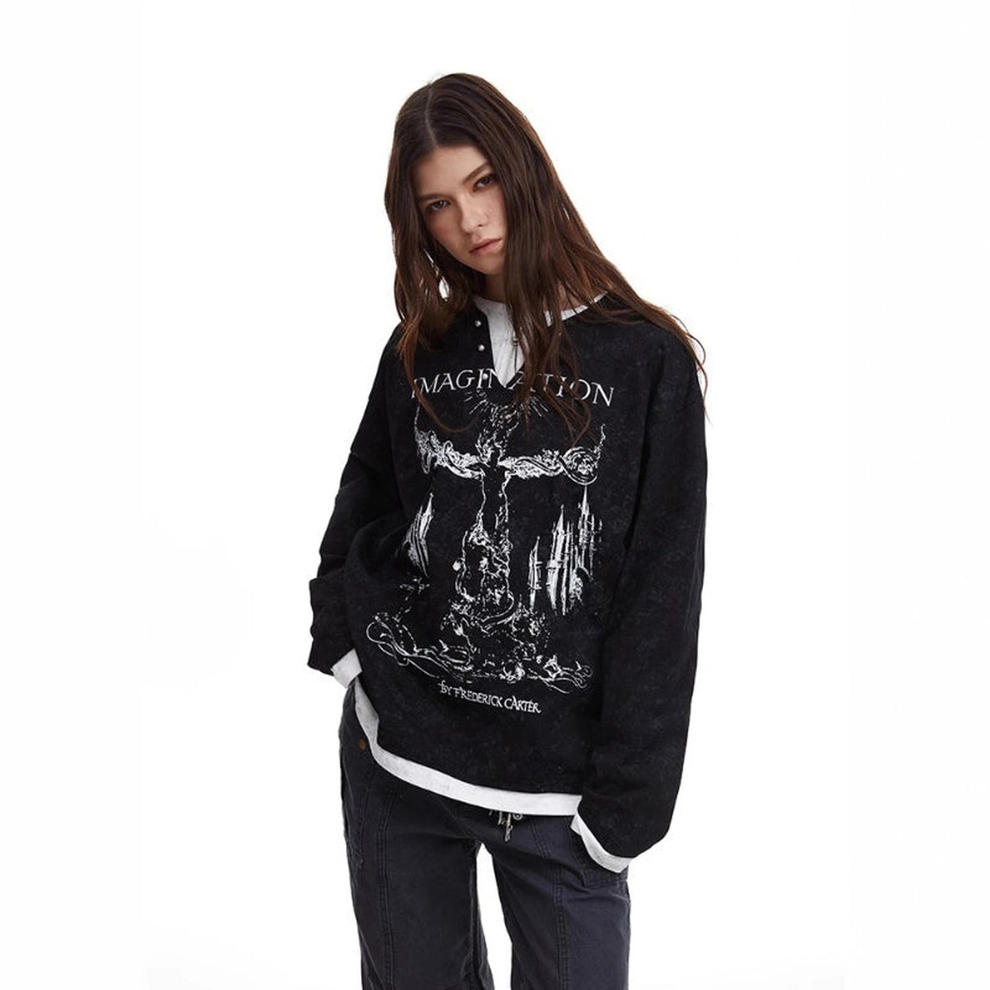 American Retro Punk Printed Pearl Buckle Fake Two-piece Long Sleeve