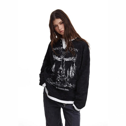 American Retro Punk Printed Pearl Buckle Fake Two-piece Long Sleeve