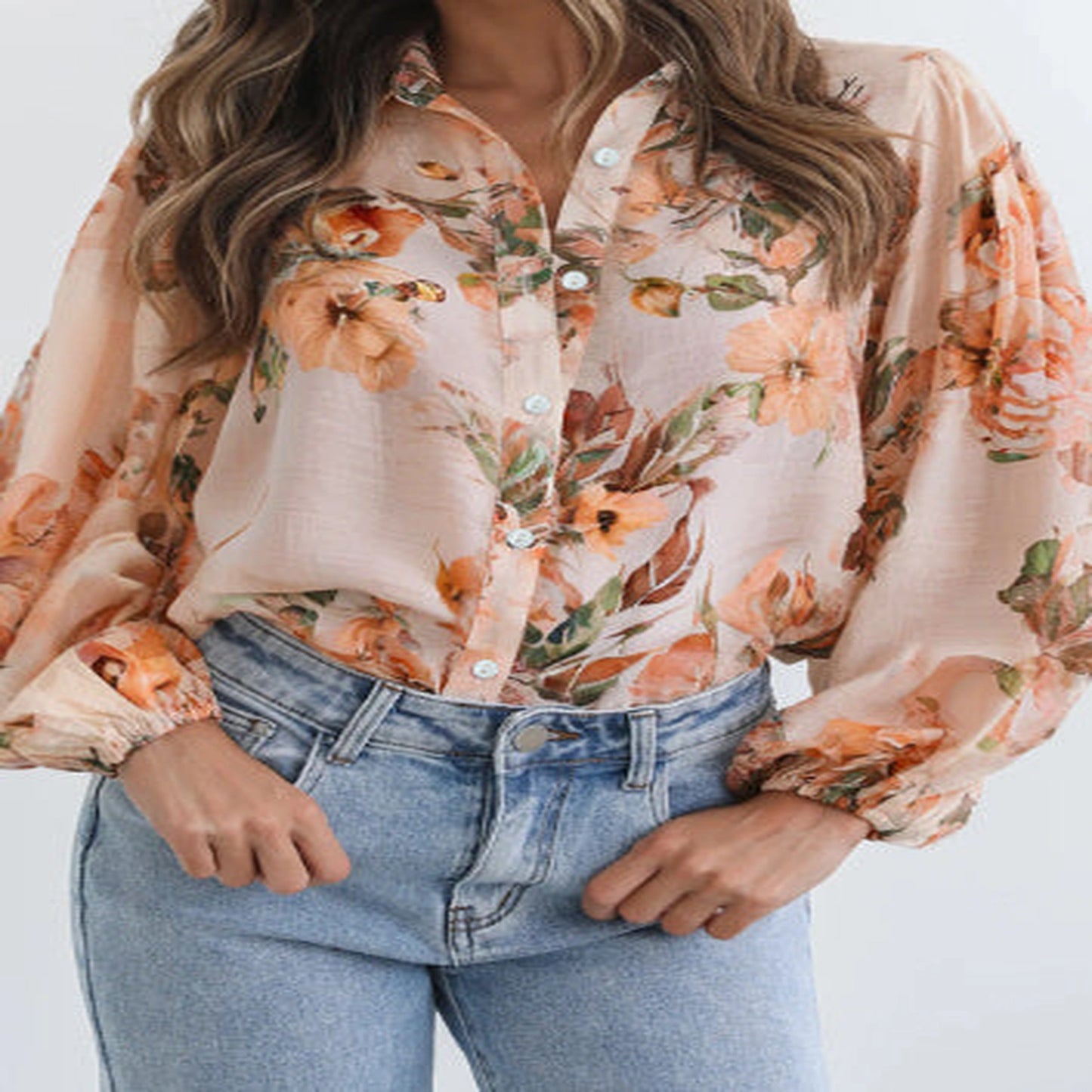Brown Floral Puff Sleeve Lightweight Shirt