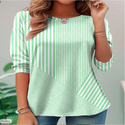 Cardigan V-neck Shirt Asymmetric Striped Stitching Cotton And Linen Top