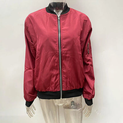 Women's Zippered Long-Sleeve Stand Collar Jacket Color-Blocked Spring & Fall Fashion Minimalist Top