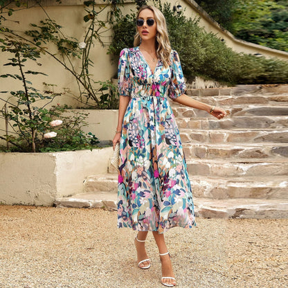 Elegant Summer Floral Print Dress With Deep V-neck Design And Waist Tie