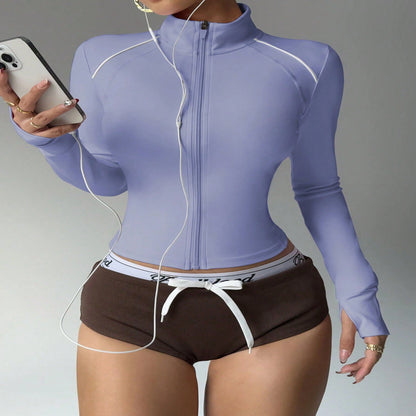 Short Contrast Color Sports Yoga Jacket Fitness Zip Long Sleeve Coat