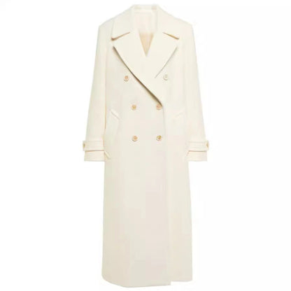 Lapel Double Breasted Elegant Mid-length Women's White Coat Elegant Overcoat