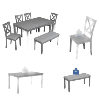 6 Piece Kitchen Dining Set, Rectangular Wooden Dining Table With 4 Upholstered Chairs And A Bench, Dining Table Set For 6 People, Living Room, Home Bar And Kitchen, Gray