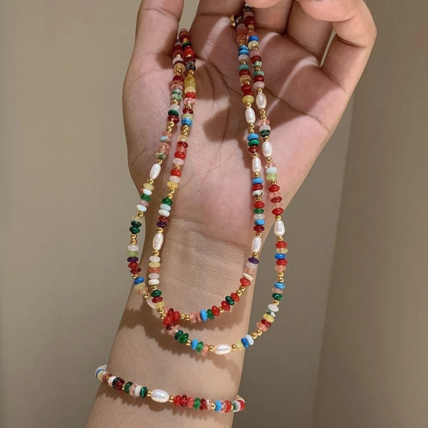 Mixed Color Natural Stone Rice Grain Freshwater Pearl Necklace Bracelet