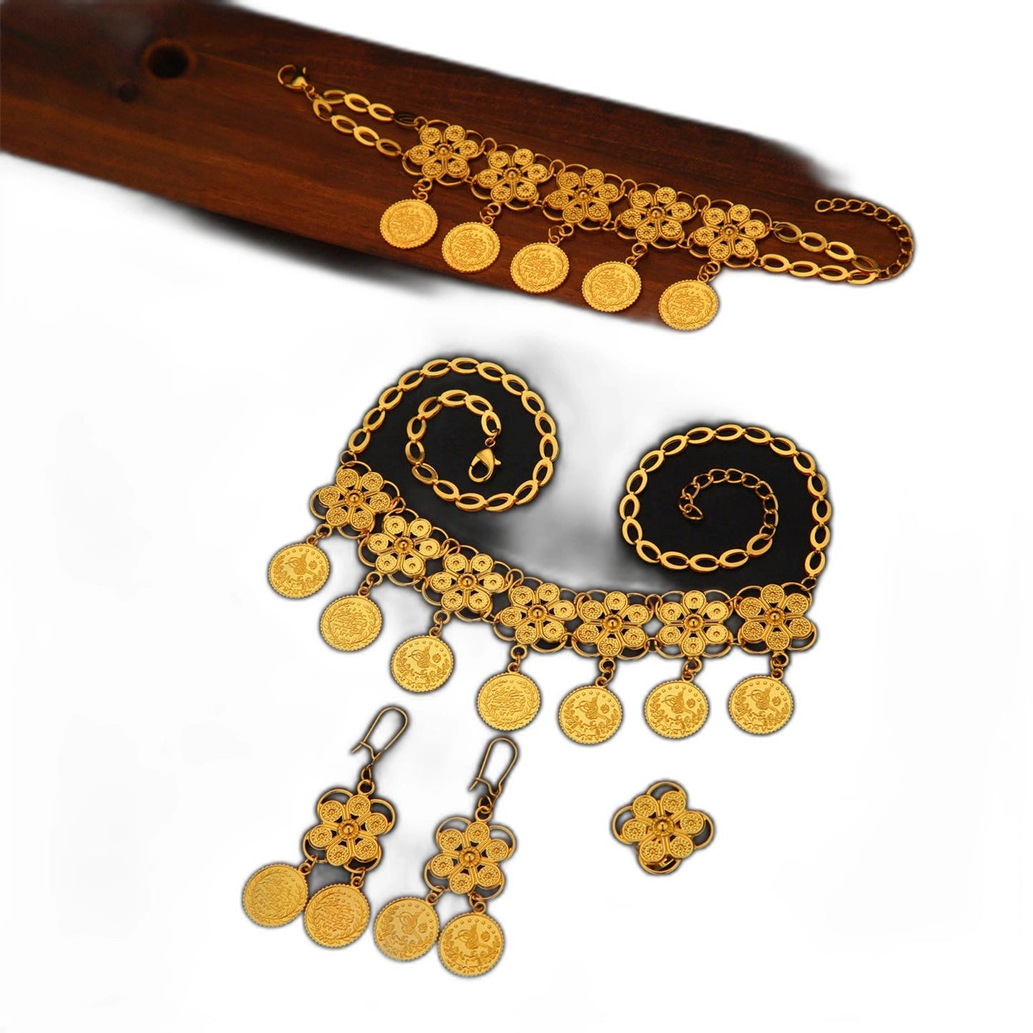 5pcs Fashionable Retro Personality Coin Flower Necklace, Bracelet, Earring Ring Women's Set, Wedding Jewelry, Banquet Gift Giving And Daily Wear