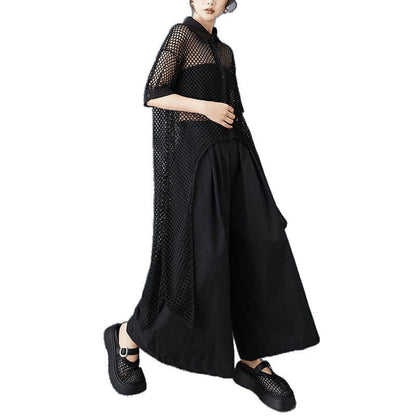 Niche Design Front Short Back Long Mesh Shirt See-through Hollow Dress