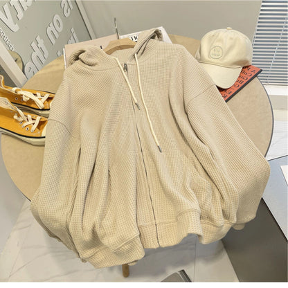 Waffle Hooded Women's Loose Slimming Zipper Cardigan