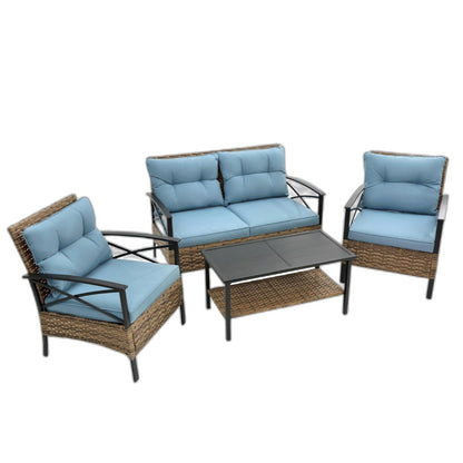 4-Piece Patio Sectional Low Dining Sofa Set - KD Rattan Wicker Outdoor Furniture