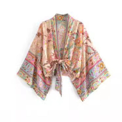 Printed V-neck Batwing Sleeve Blouse