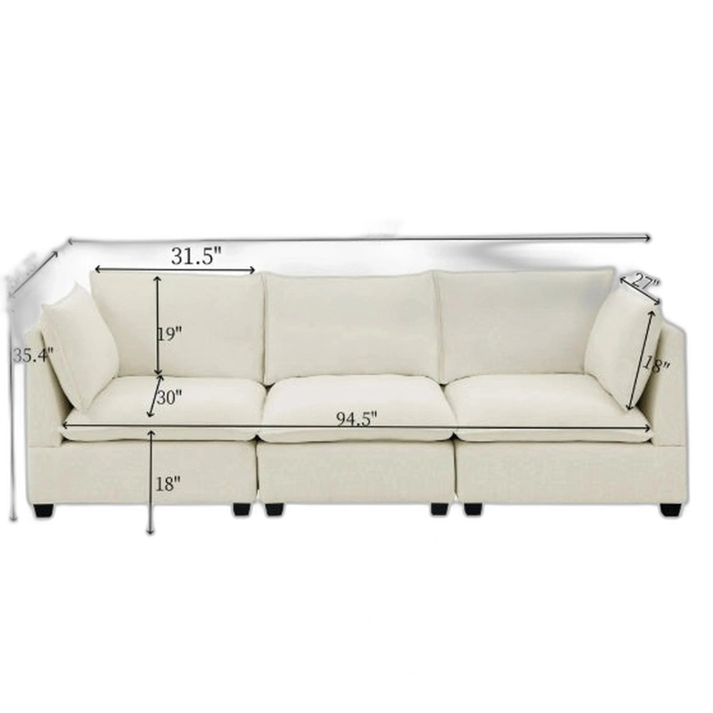 3-Piece Chenille Fabric Upholstered Living Room Furniture Set, Including 3-Seater Sofa AndV2 Loveseat Sofa With Seat And Back Cushion Beige White