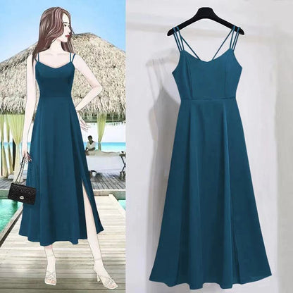 Women's Sexy Slit Mid-length Korean Style Fashion Suspenders Dress