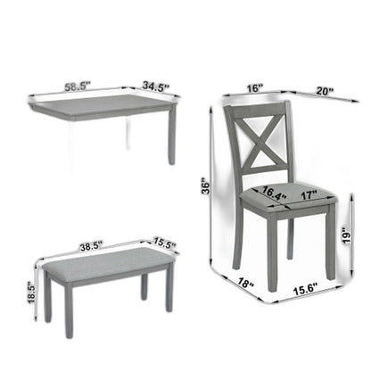 6 Piece Kitchen Dining Set, Rectangular Wooden Dining Table With 4 Upholstered Chairs And A Bench, Dining Table Set For 6 People, Living Room, Home Bar And Kitchen, Gray
