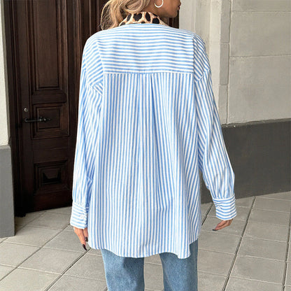 Leisure Vacation Personality Trendy Style Printed Striped Stitching Shirt For Women