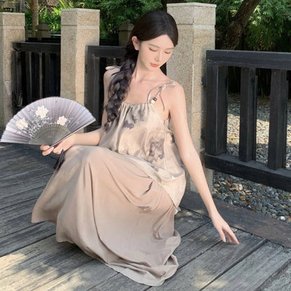 Chinese Style Printed Plus Size Loose Sling Dress Women