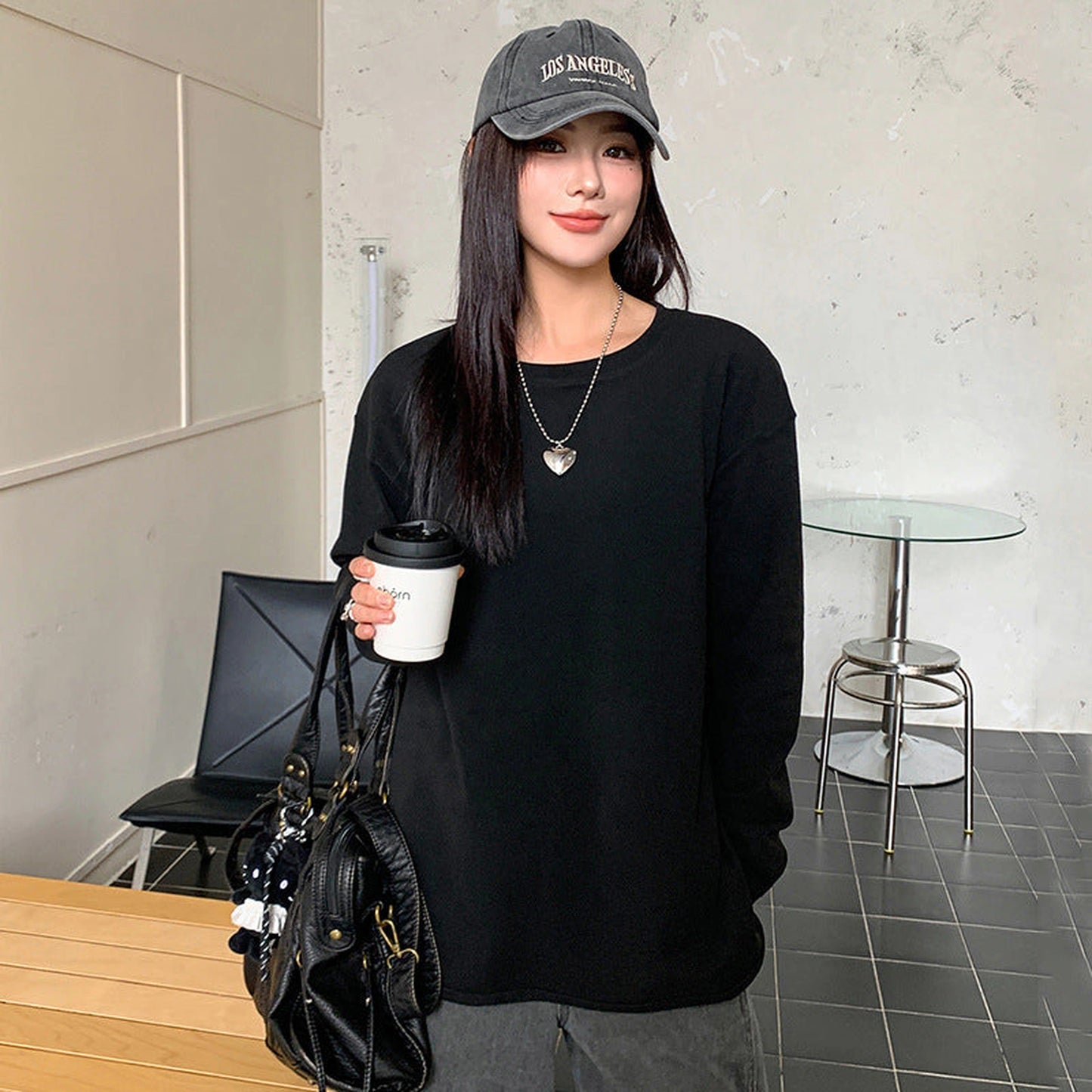 Curved Split Long Sleeve Simple Loose Plus Size Top