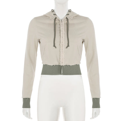 Women's Color-Blocked Zipper Long Sleeve Frayed Design & Pocket Drawstring Hooded Cropped Jacket Spring&Fashion Casual