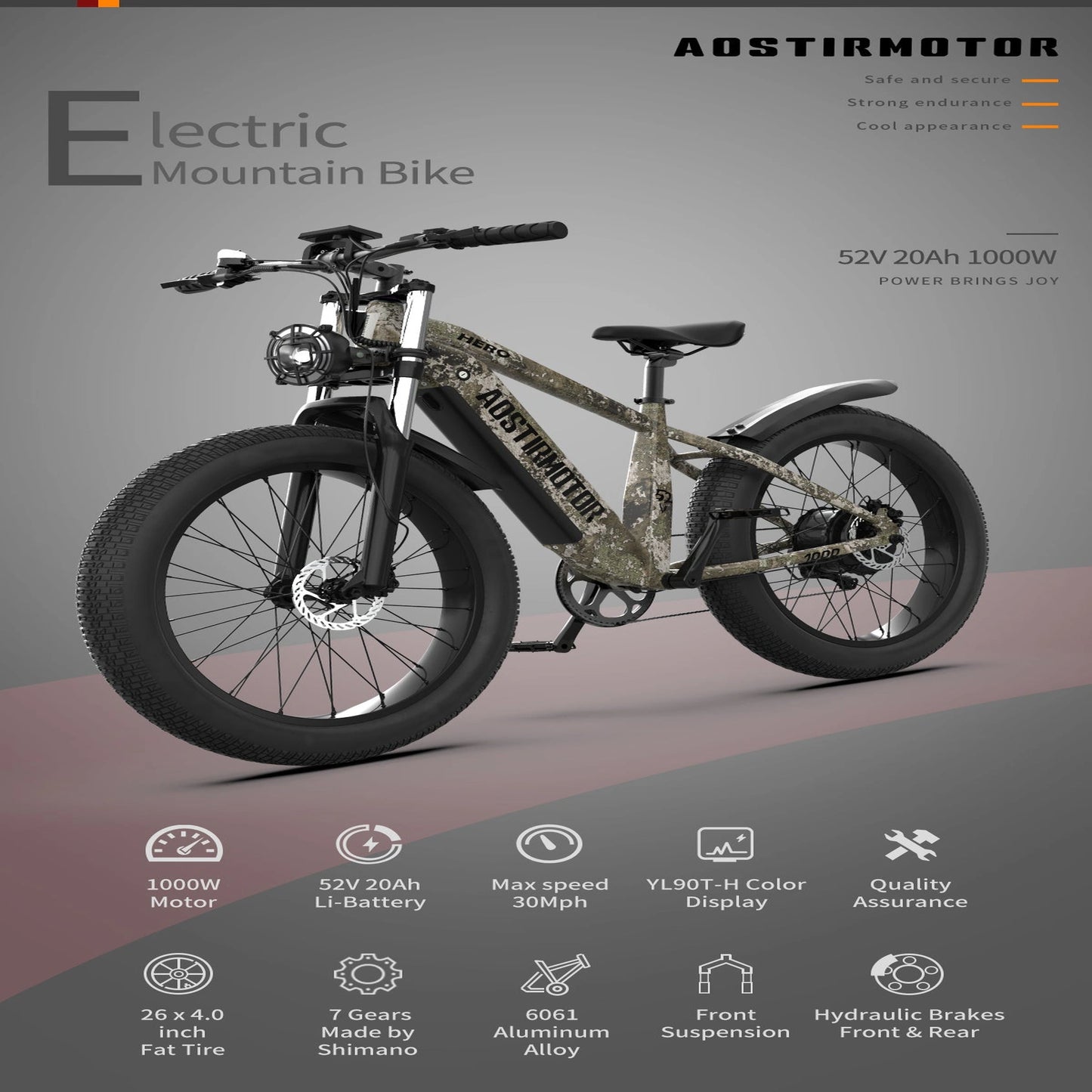 52V All-Terrain E-Bike  26x4.0 Fat Tire Electric Bike 20 AH Extended-Range Battery & Hydraulic Disc Brakes