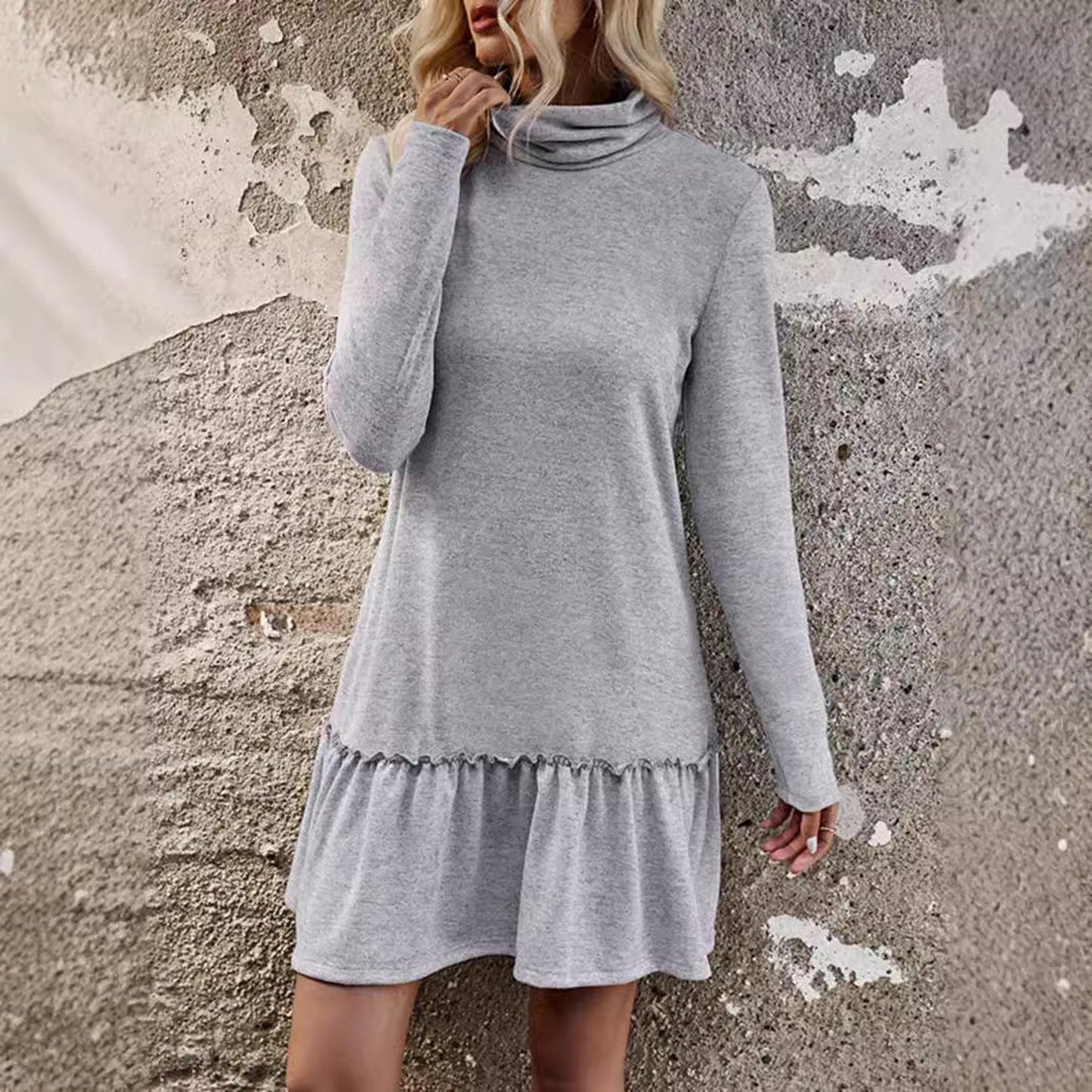 Women's Clothing Temperament Leisure Turtleneck Pure Color Ruffles Dress