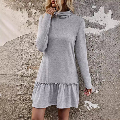 Women's Clothing Temperament Leisure Turtleneck Pure Color Ruffles Dress