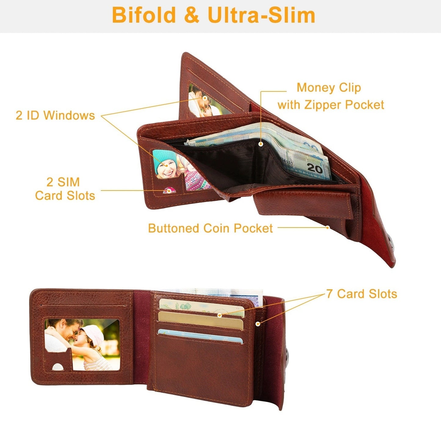 1Pc Men  Wallet PU Leather Purse Slim Card Holder Cases With 2 ID Window Coin Pocket
