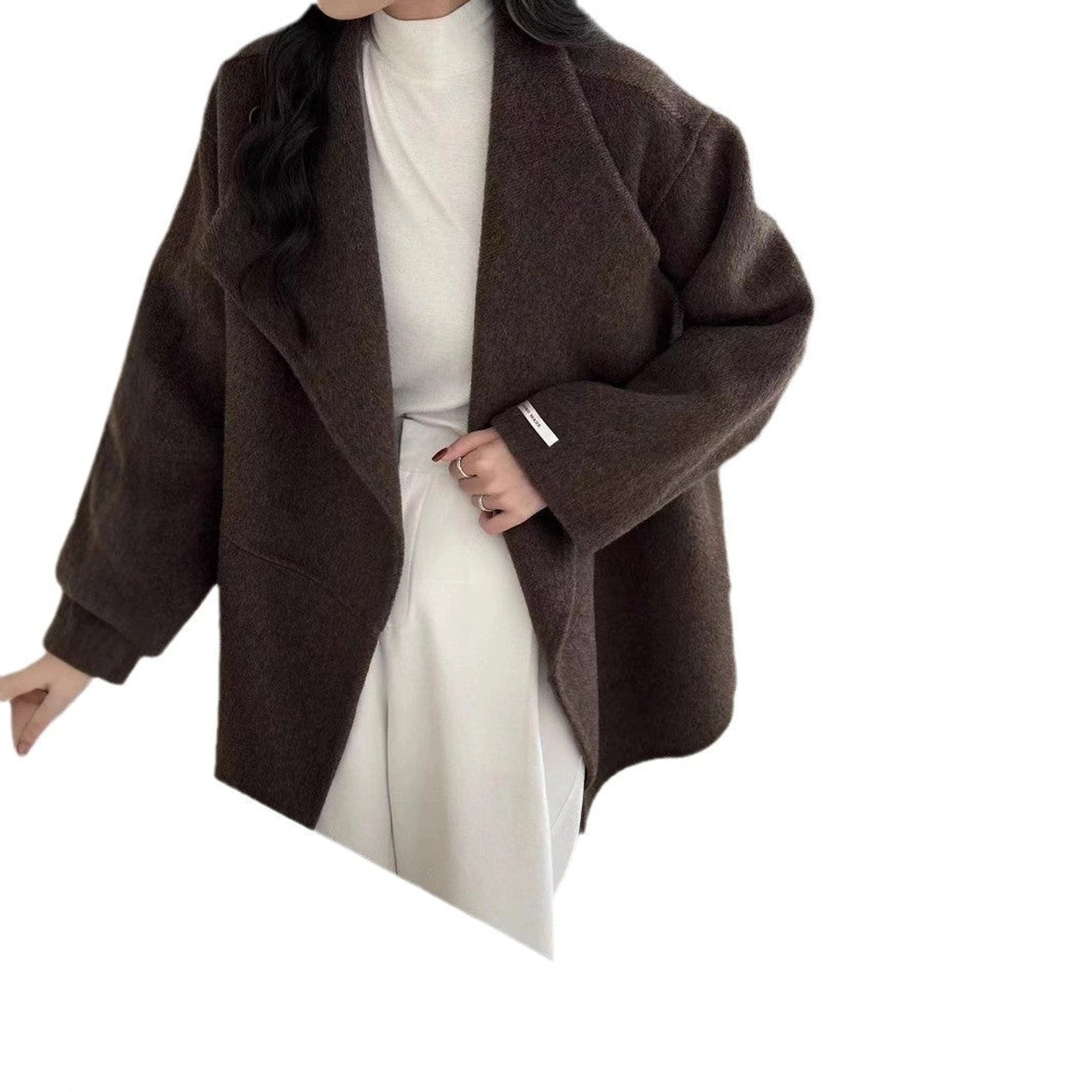 Large Lapel Solid Color One Button Drop-shoulder Sleeve Double-sided Wool Overcoat Coat