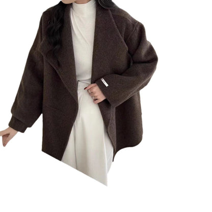 Large Lapel Solid Color One Button Drop-shoulder Sleeve Double-sided Wool Overcoat Coat