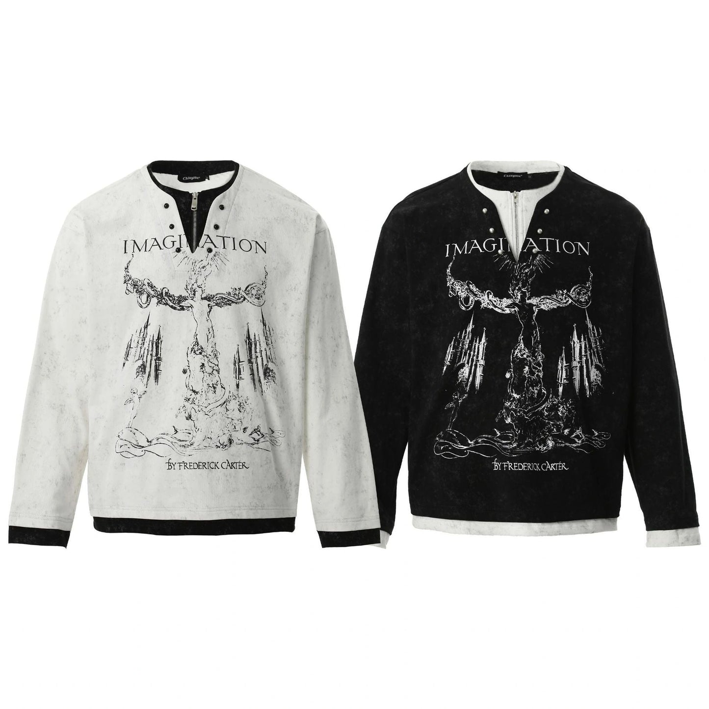 American Retro Punk Printed Pearl Buckle Fake Two-piece Long Sleeve
