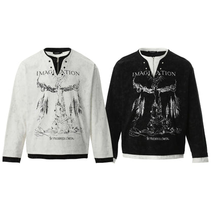 American Retro Punk Printed Pearl Buckle Fake Two-piece Long Sleeve