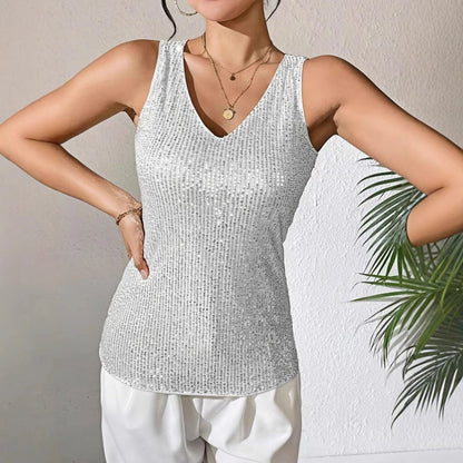 Sexy V-neck Loose Sequined T-shirt Outer Wear Inner Wear Women's Vest