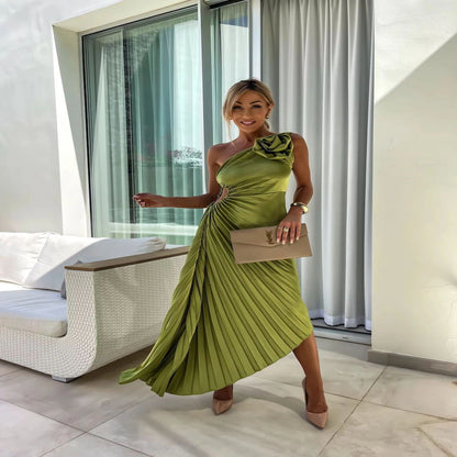 Ins Pleated One-shoulder Dress With Big Rose Flower Fashionable Sexy Evening Party Club Asymmetrical Dress