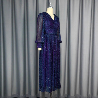 Sexy V-neck Sequined Long Sleeve Dress Purple Slim Fit