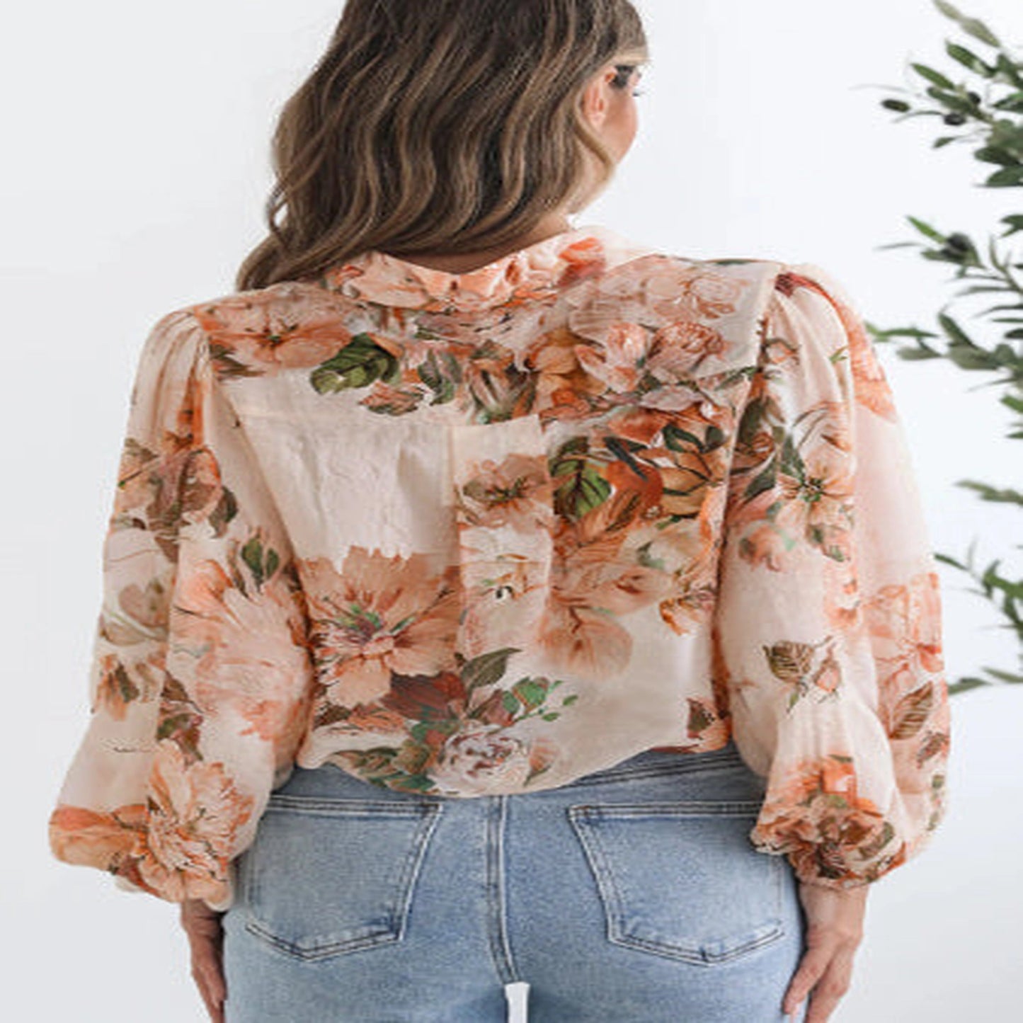 Brown Floral Puff Sleeve Lightweight Shirt