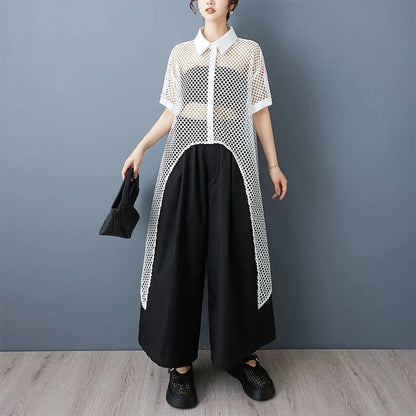 Niche Design Front Short Back Long Mesh Shirt See-through Hollow Dress