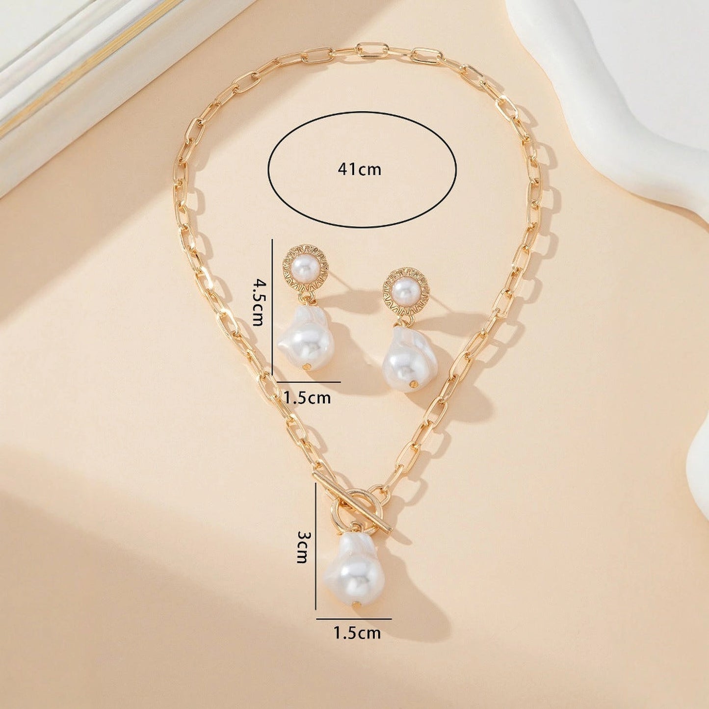Retro Baroque Pearl Pendant Necklace Ear Stud 2-piece Set
