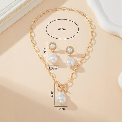 Retro Baroque Pearl Pendant Necklace Ear Stud 2-piece Set