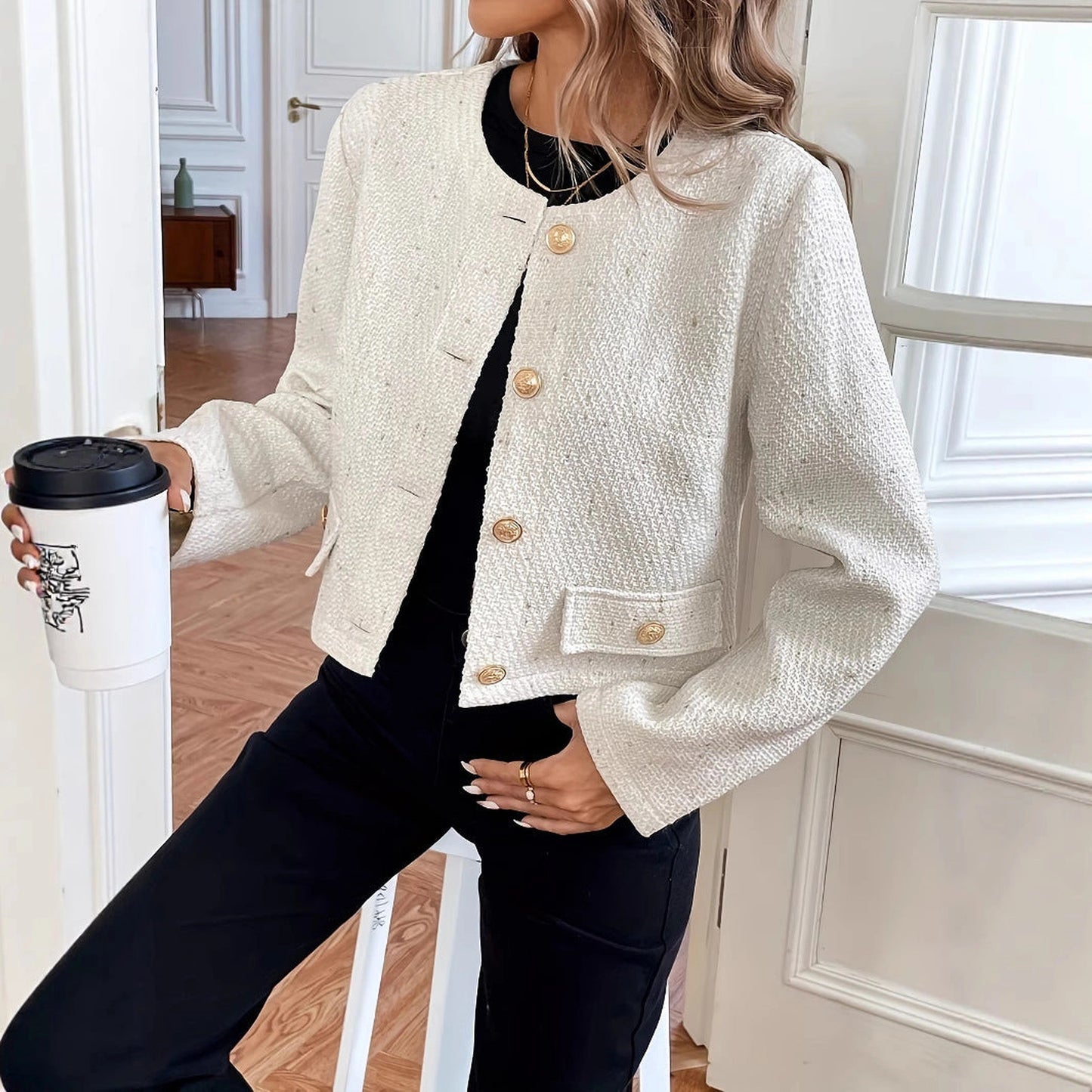Milky White O-neck Short Slimming Elegant Lady Wool Coat