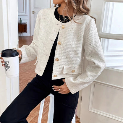 Milky White O-neck Short Slimming Elegant Lady Wool Coat