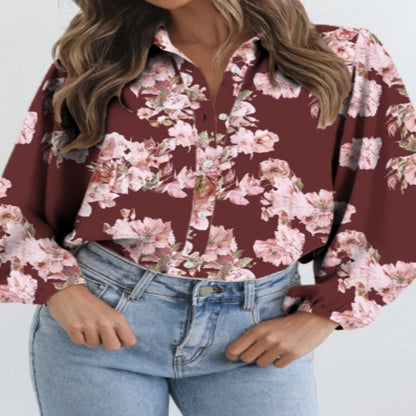Brown Floral Puff Sleeve Lightweight Shirt
