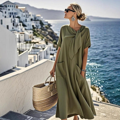 Elegant Short Sleeve Bow Pocket Wide Hem Loose Long Dress